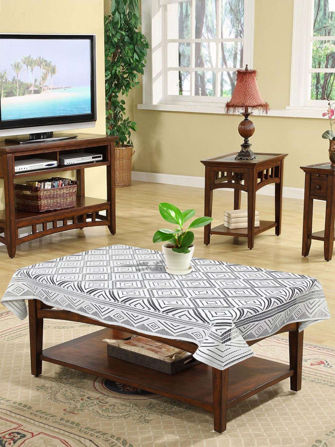Kuber Industries White Printed 4 Seater Cotton Table Cover