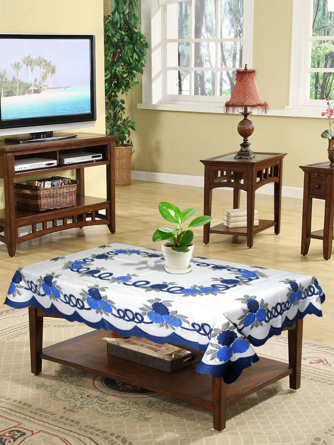 Kuber Industries White & Blue Flower Printed Cotton 4 Seater Center Table Cover