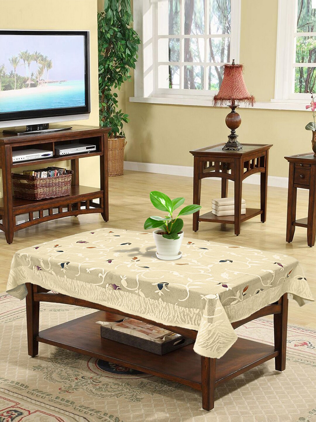 Kuber Industries Cream-Coloured & Blue Leaf Printed 4-Seater Rectangle Cotton Table Cover
