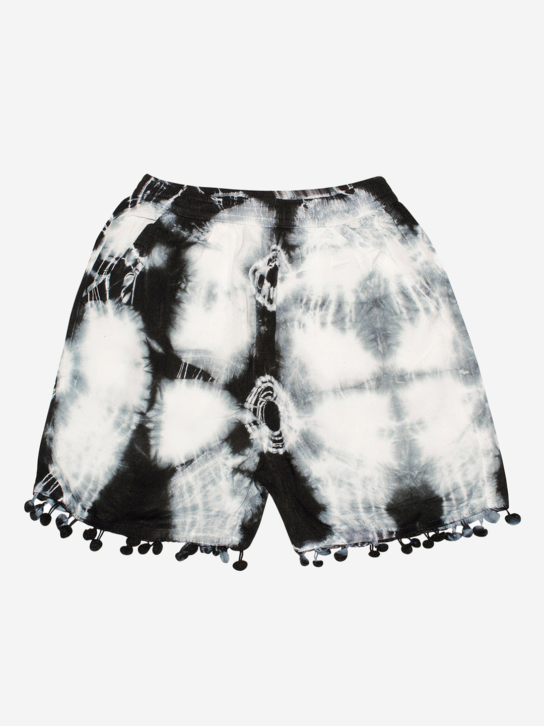 KiddoPanti Girls Black Washed Pom Pom Lace Hem Tie & Dye Shorts