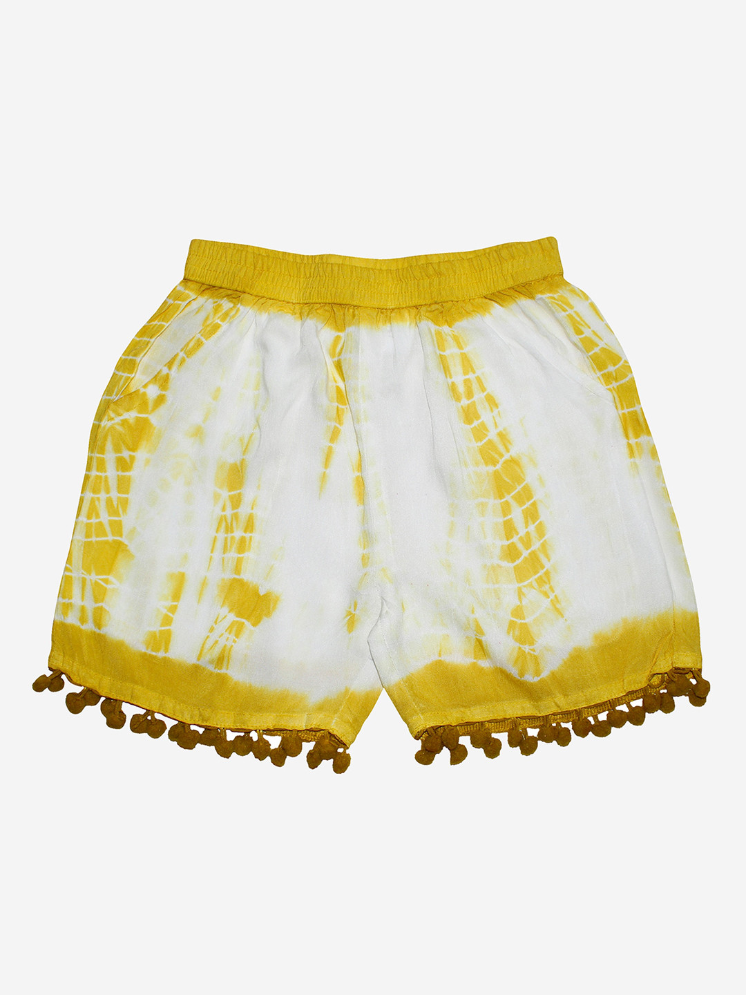 KiddoPanti Girls Yellow & White Lace Hem Tie & Dye Shorts