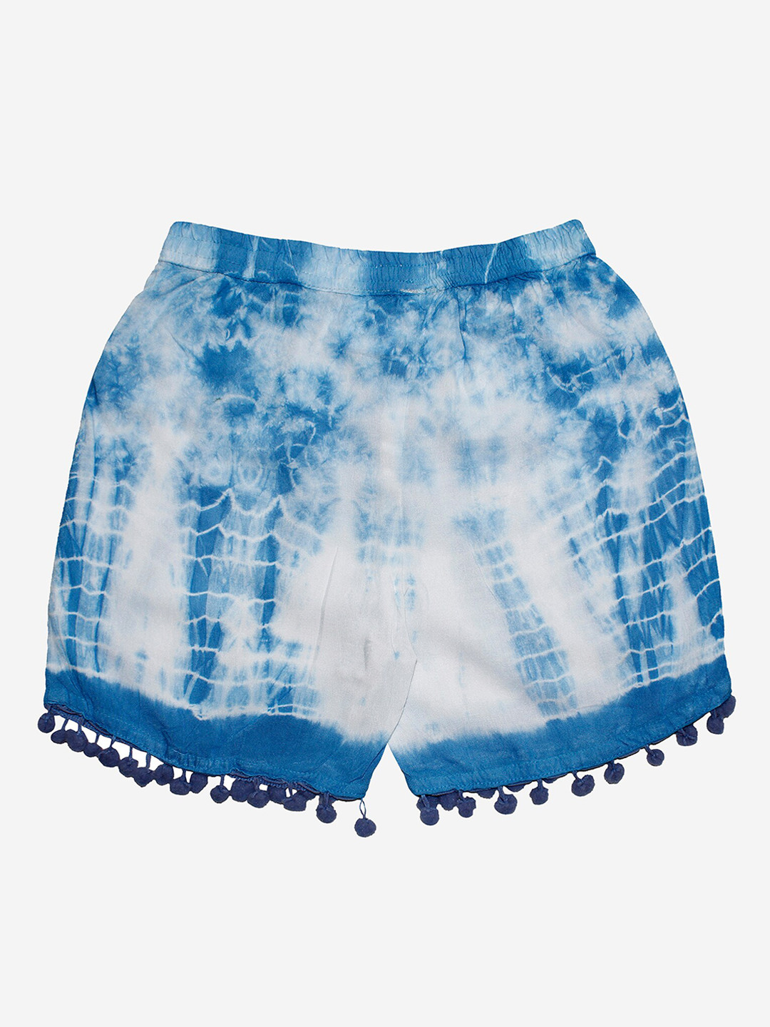 KiddoPanti Girls White & Blue Tie & Dye Pom Pom Lace Hem Shorts