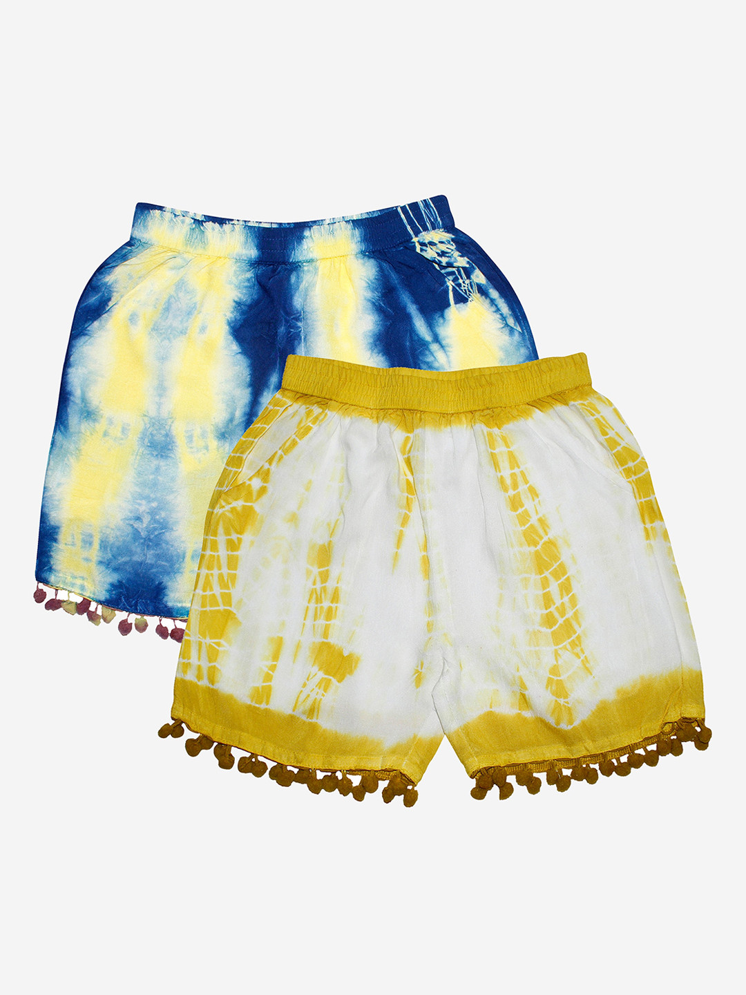 KiddoPanti Girls Pack Of 2 Yellow & Blue Tie & Dye Shorts
