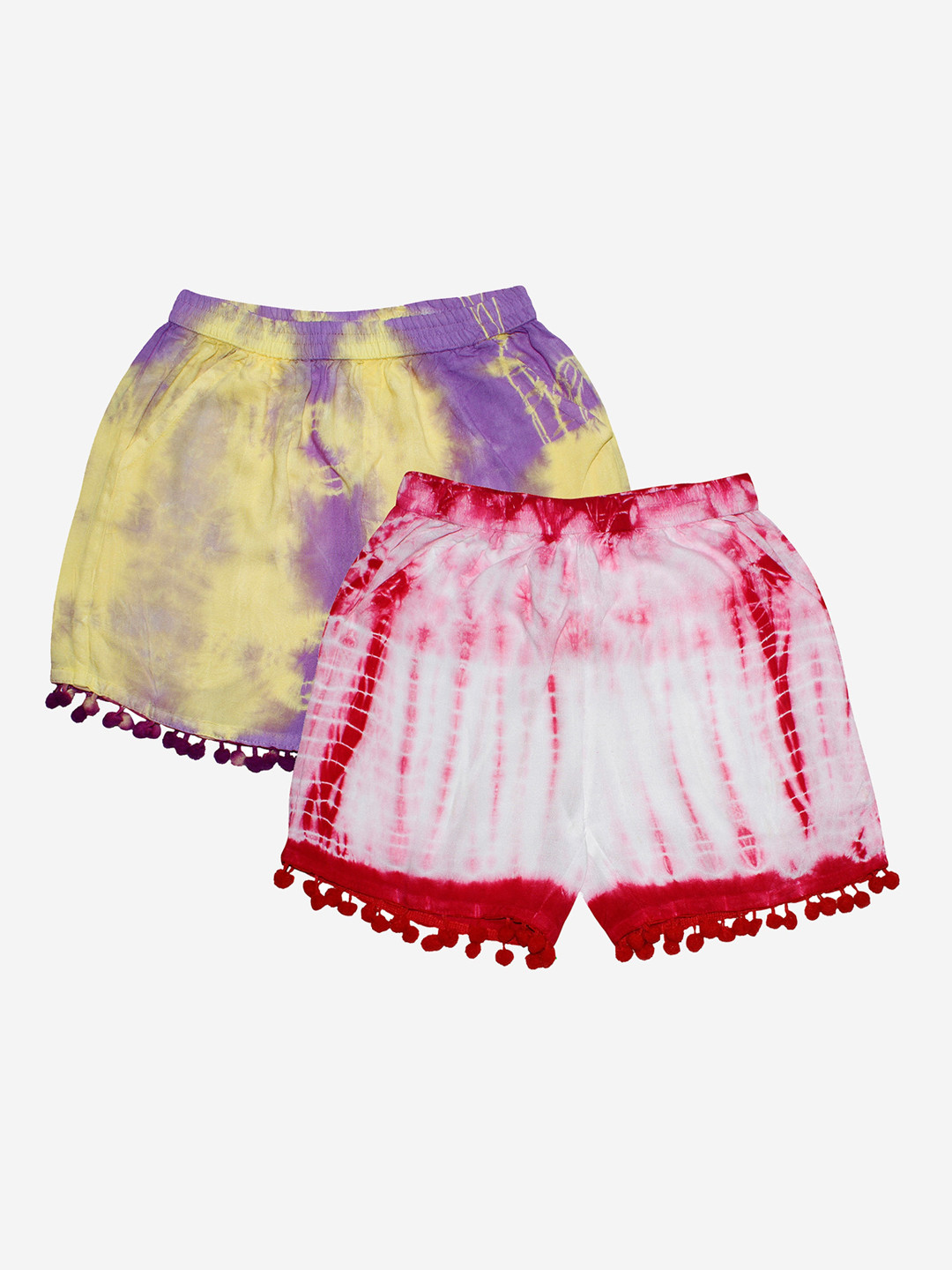 KiddoPanti Girls Yellow & Red Pack Of 2 Tie & Dye Shorts With Pom Poms