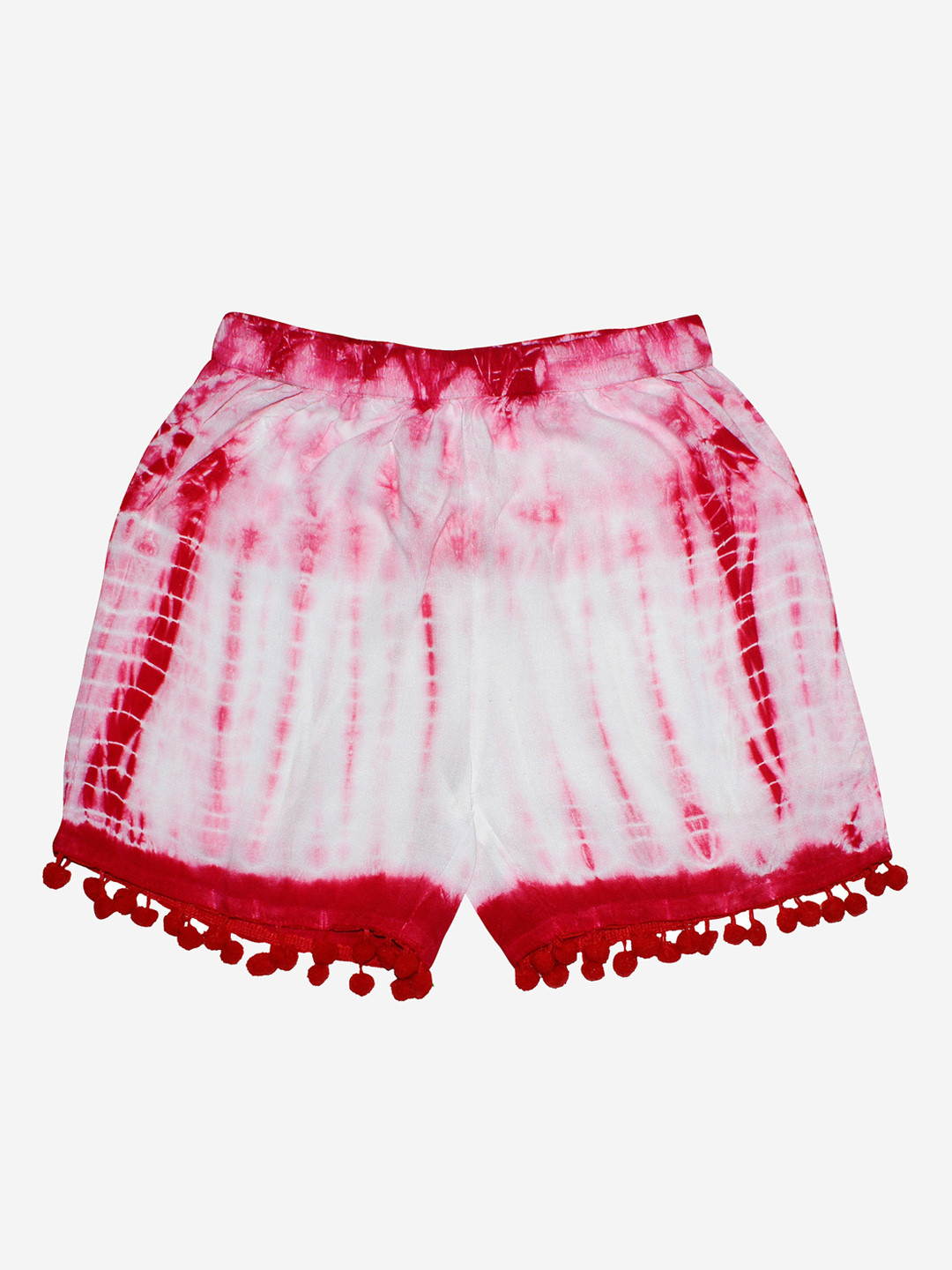 KiddoPanti Girls White & Coral Tie & Dye Pom Pom Lace Hem Shorts