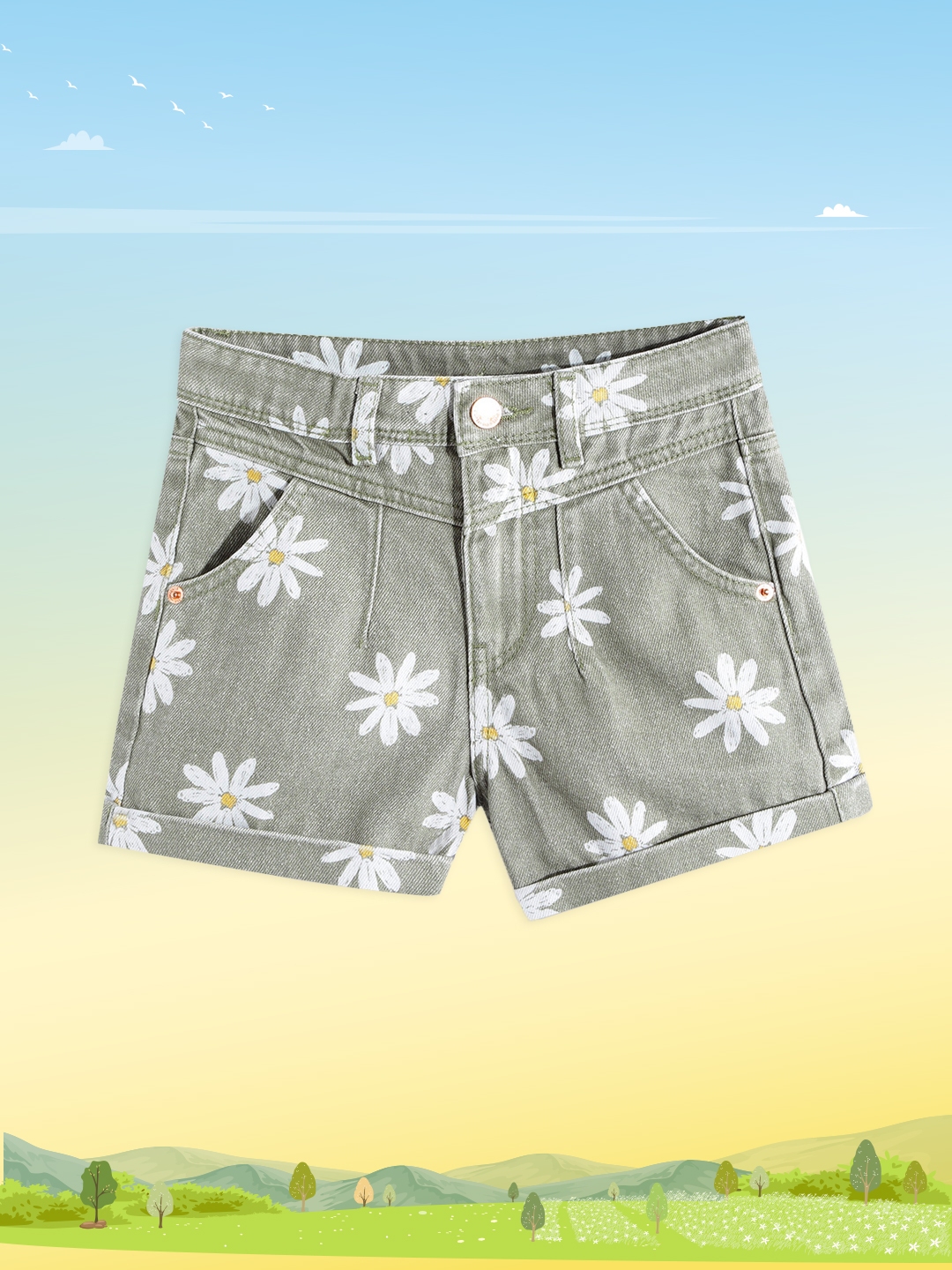 Marks Spencer Girls Olive Green Floral Print Denim Shorts