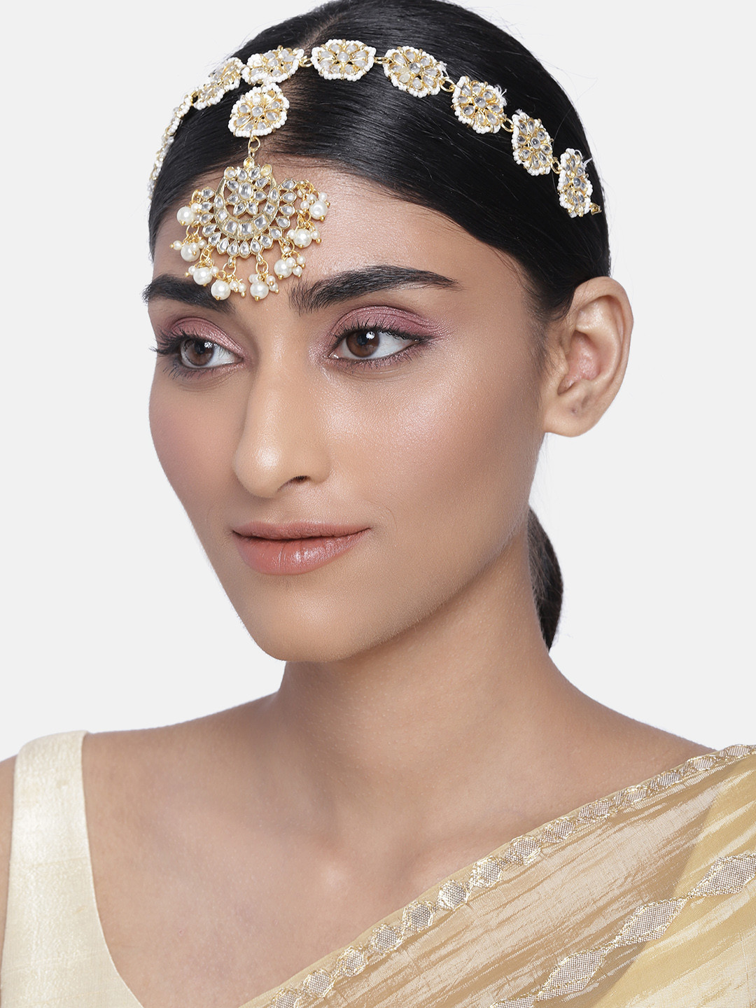 I Jewels Women White Gold-Plated Kundan-Studded Handcrafted Mathapatti