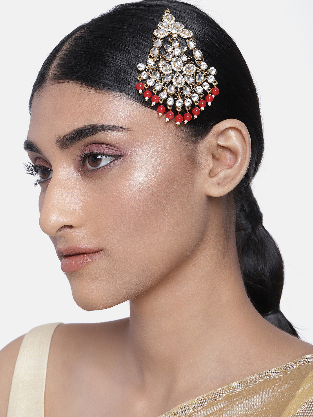 I Jewels Women Red Gold-plated Stone And Beaded detailing Jhumar Passa
