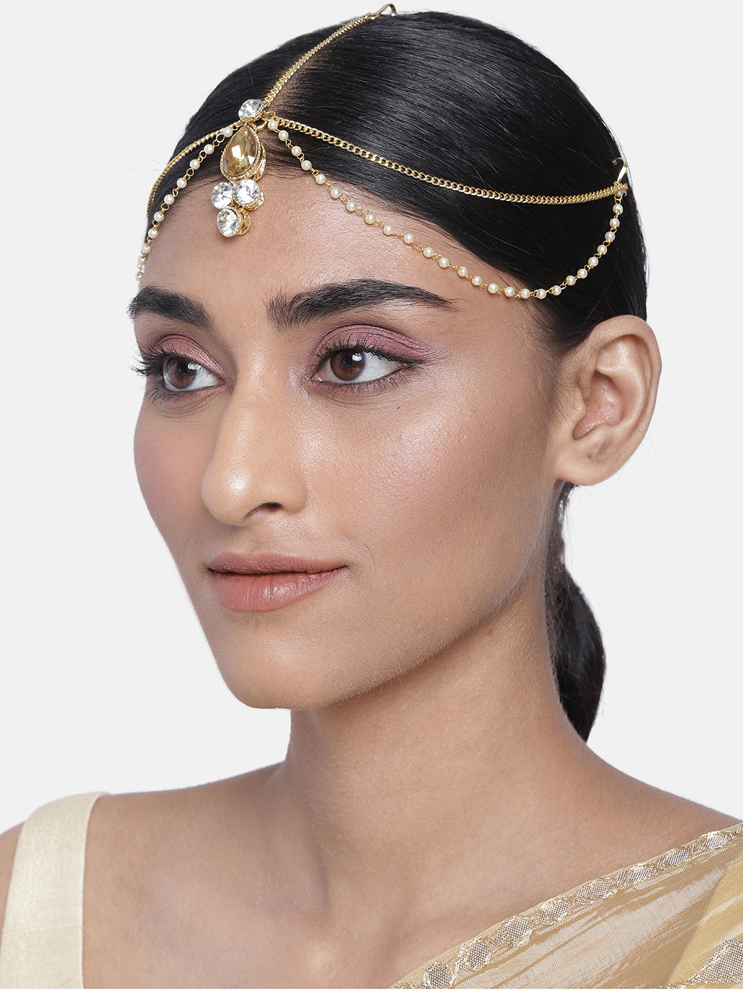 I Jewels Women White Gold-Plated Traditional Pearl Layer with Stone Studded Mathapatti