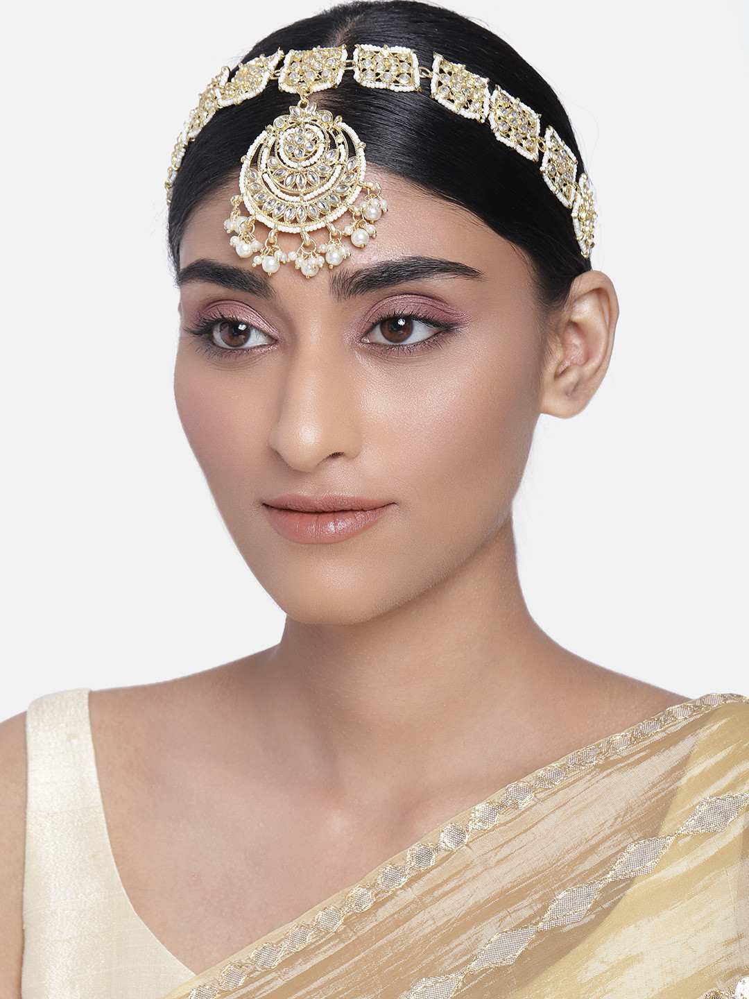 I Jewels Women White Gold-Plated Kundan-Studded Handcrafted Head Jewellery