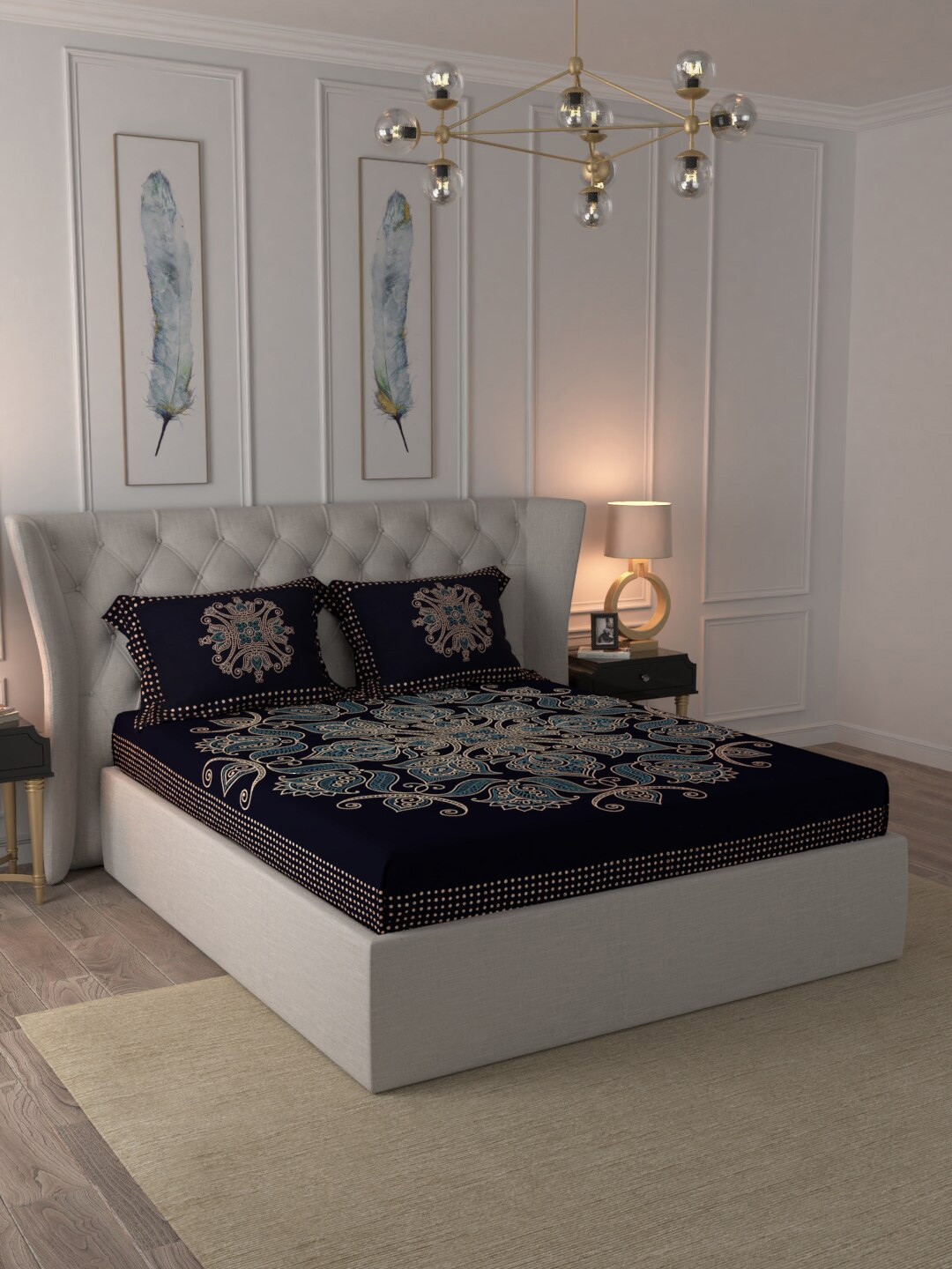 JAIPUR FABRIC Blue Ethnic Motifs Cotton 300 TC Fitted King Superfine Bedsheet with 2 Pillow Covers-87 x 98 inches