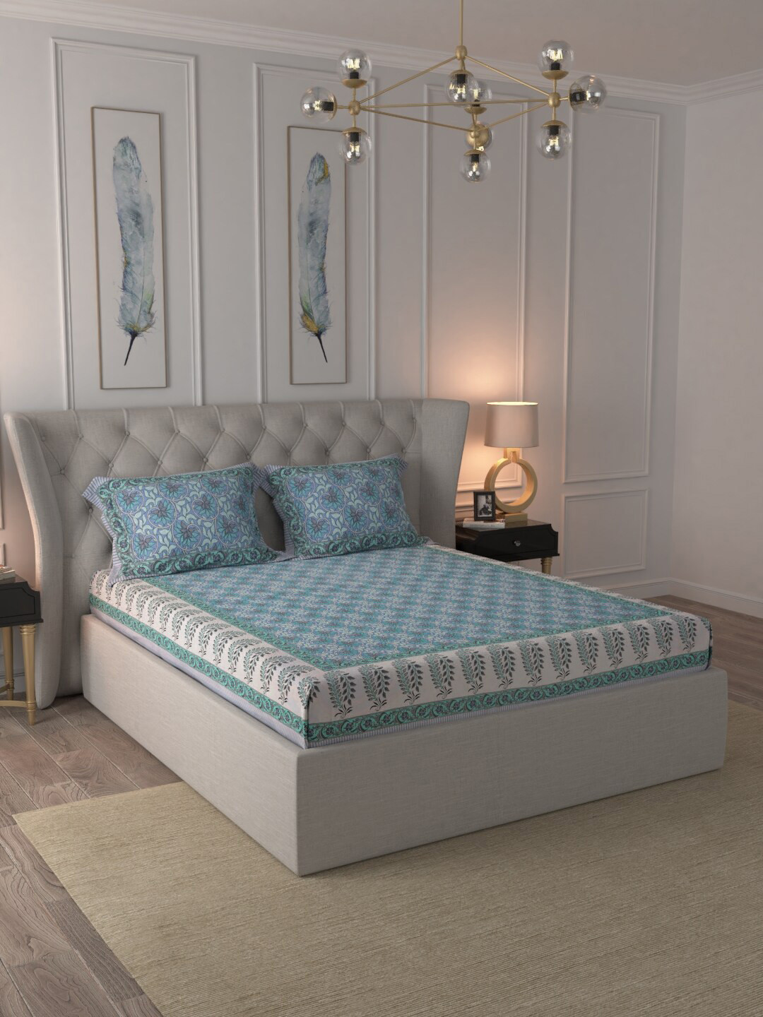 JAIPUR FABRIC Blue Floral Cotton 120 TC Queen Bedsheet with 2 Pillow Covers-108 x 108 inches