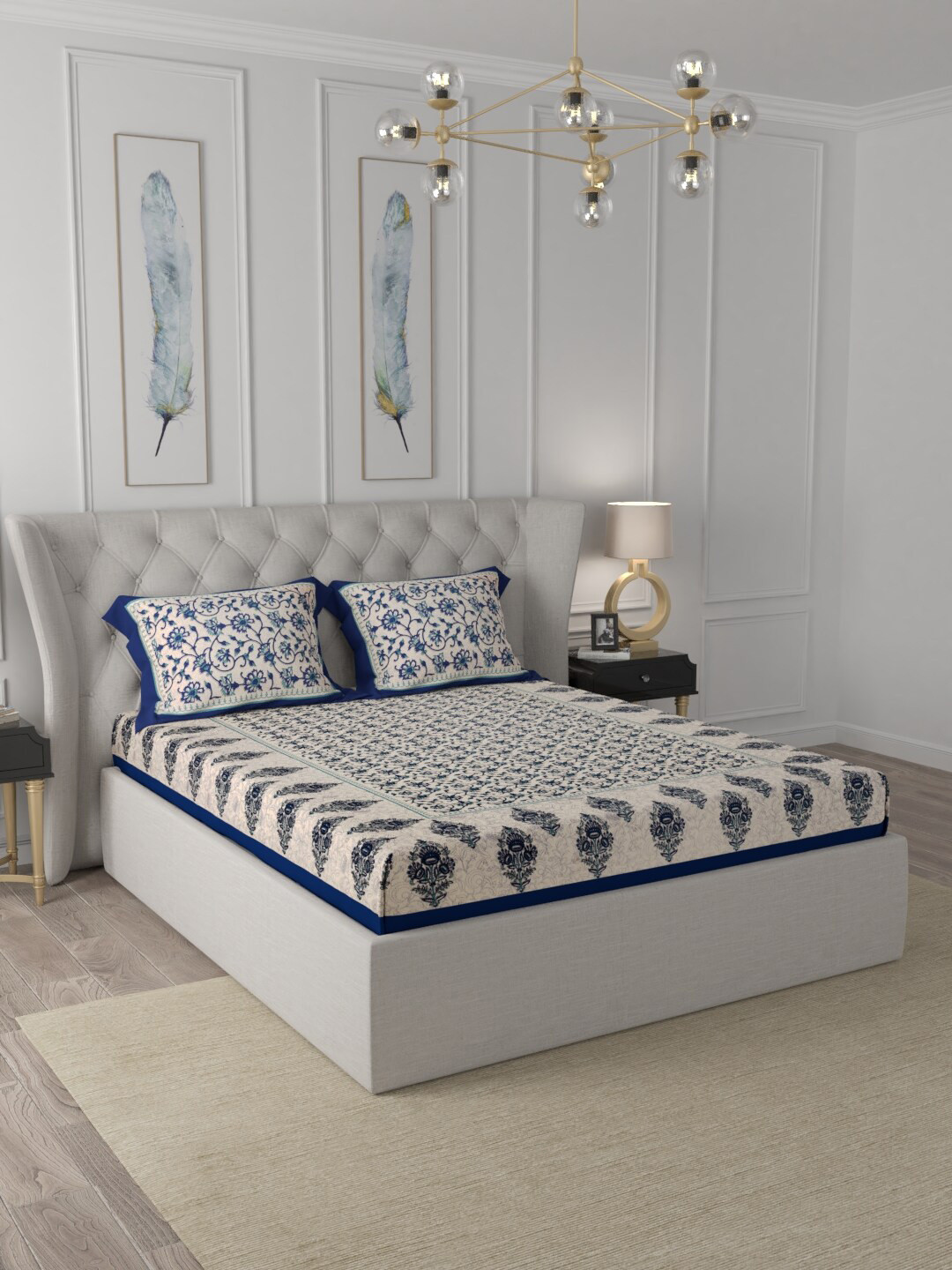 JAIPUR FABRIC Tropical Keri Blue Floral Cotton 150 TC Fitted Queen Bedsheet with 2 Pillow Covers-87 x 106 inches