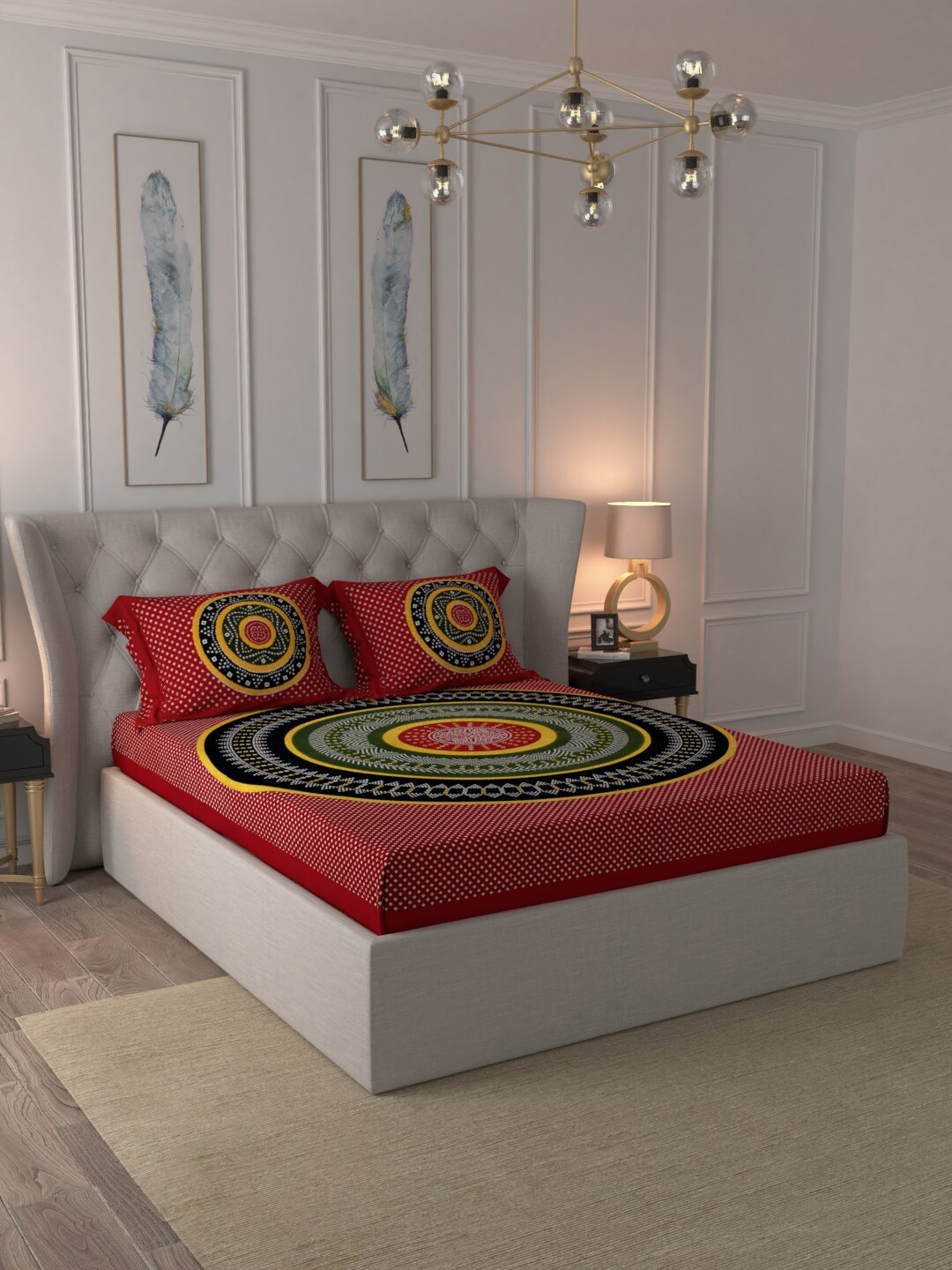 JAIPUR FABRIC Red Graphic Cotton 120 TC Queen Bedsheet with 2 Pillow Covers-108 x 108 inches