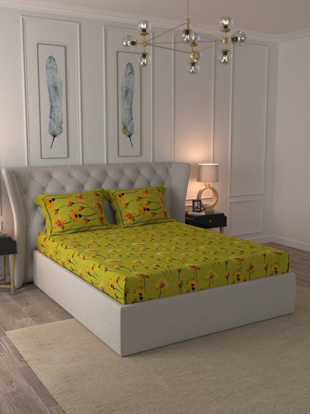JAIPUR FABRIC Green & Yellow Floral 150 TC Queen Bedsheet with 2 Pillow Covers