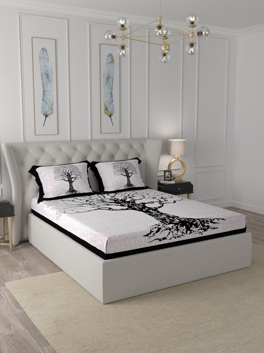 JAIPUR FABRIC Black Graphic Cotton 150 TC Fitted Queen Bedsheet with 2 Pillow Covers-98 x 87 inches