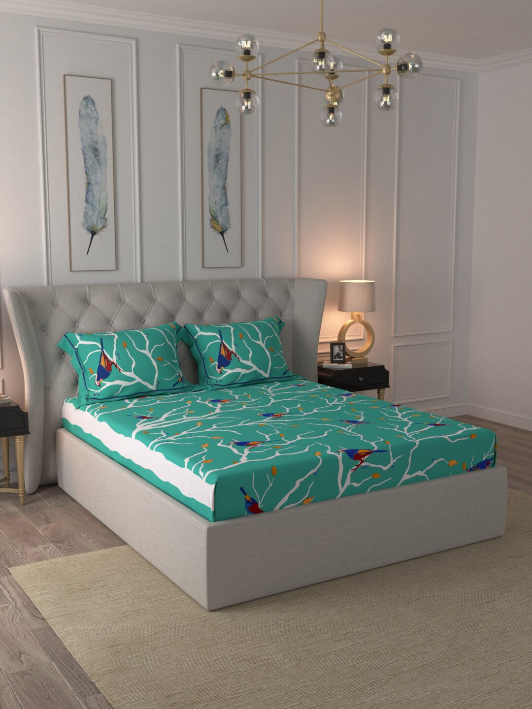 JAIPUR FABRIC Green Graphic Cotton 150 TC Fitted Queen Bedsheet with 2 Pillow Covers-87 x 106 inches