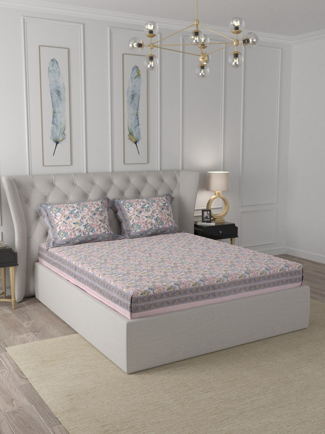 JAIPUR FABRIC Fantastic Flowers Colorful Pink Floral Cotton 240 TC Fitted Queen Fine Bedsheet with 2 Pillow Covers-90 x 102 inches