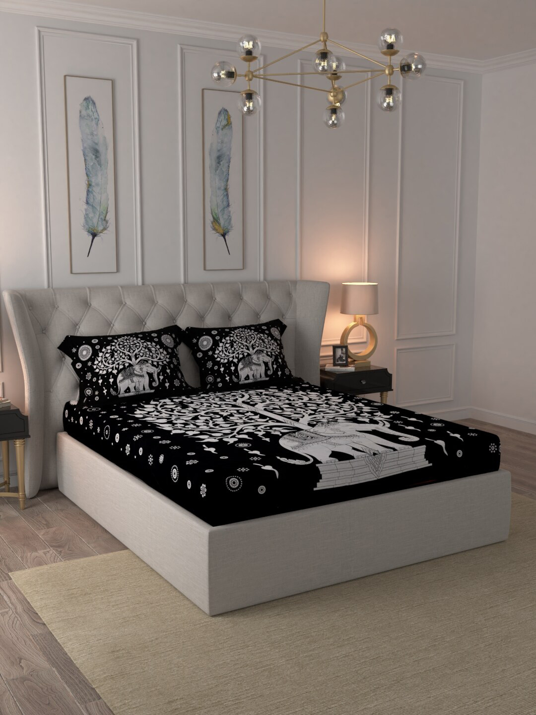 JAIPUR FABRIC White Conversational Cotton 150 TC Fitted Queen Bedsheet with 2 Pillow Covers-220 x 270 cm