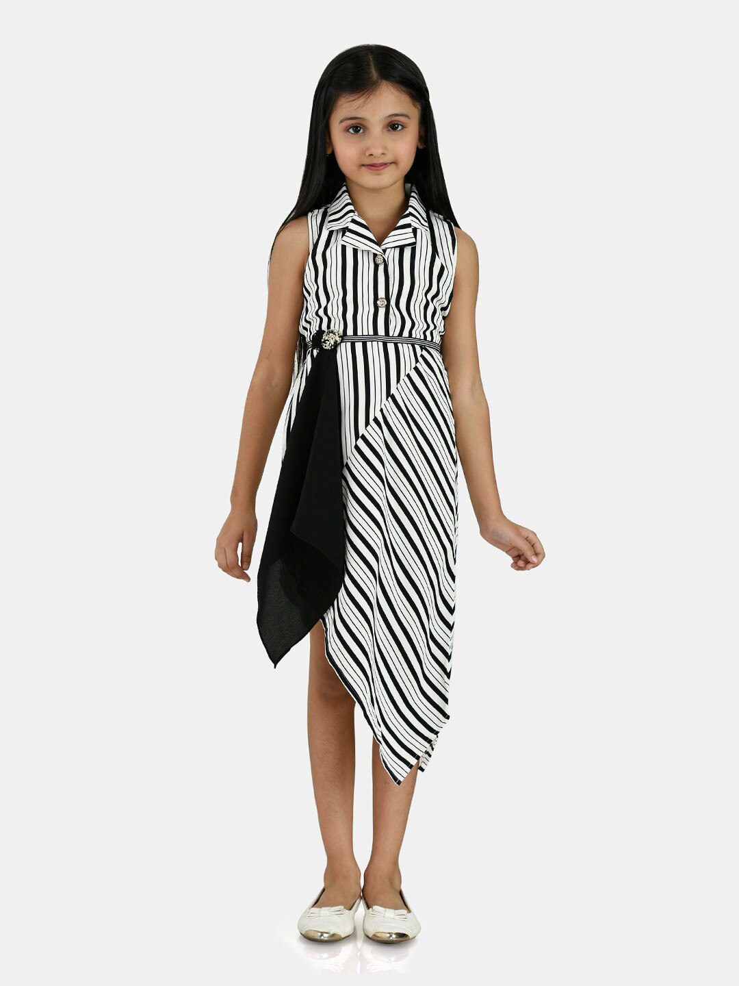 Peppermint Girls Black & Off White Striped Satin Shirt Dress