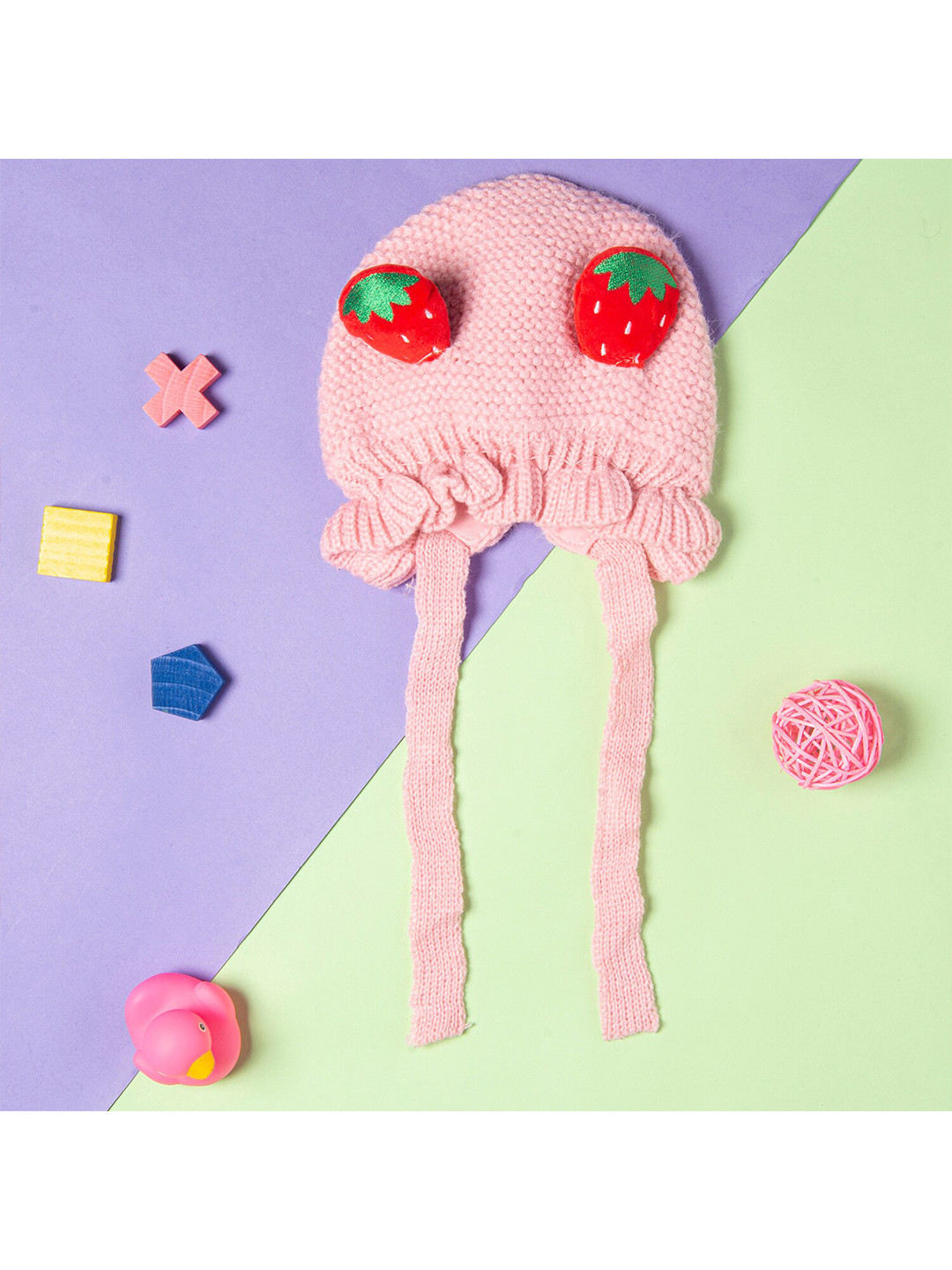 Baby Moo Girls Pink & Red Ear Cover Strawberry Beanie