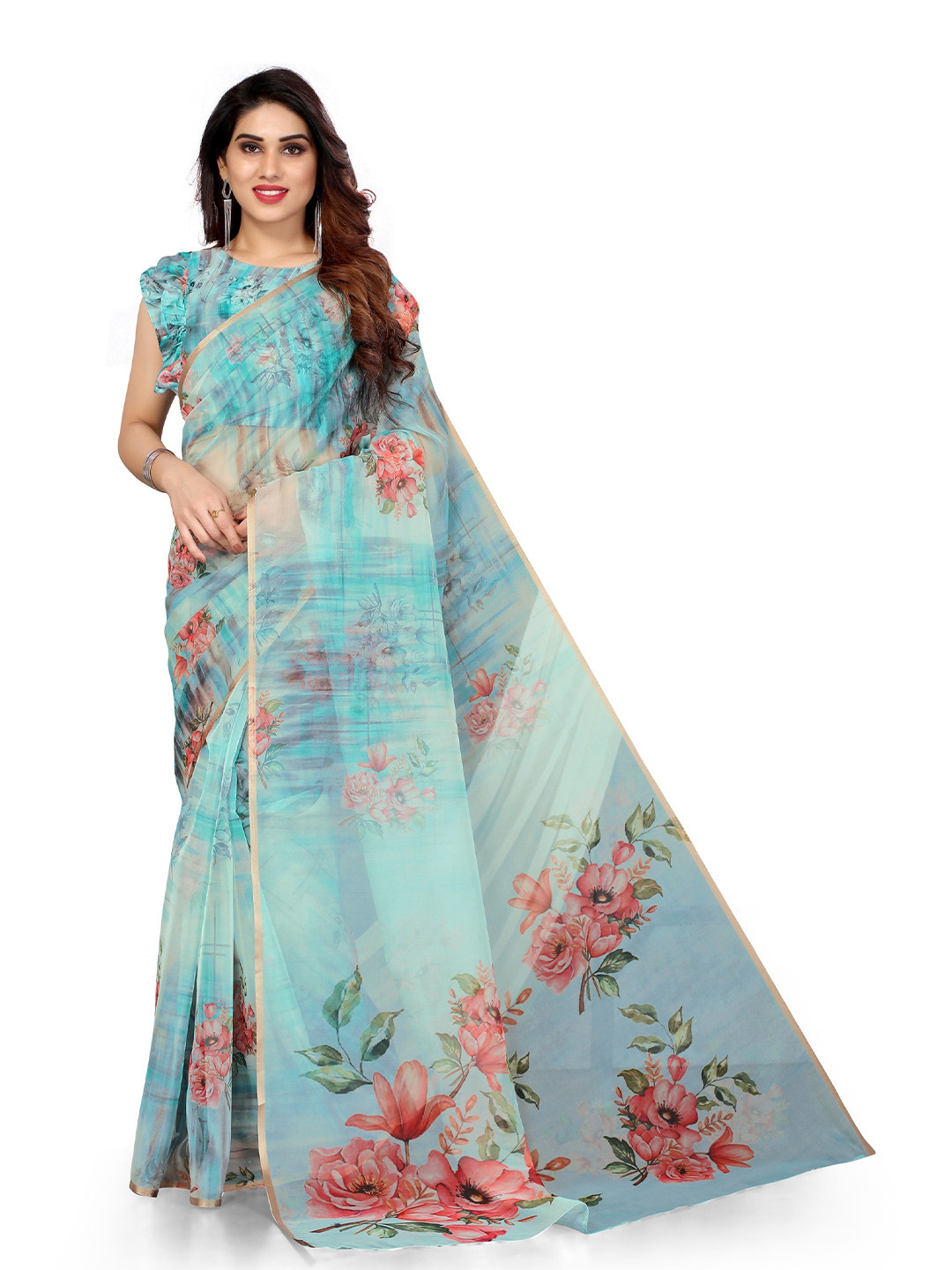 MIRCHI FASHION Turquoise Blue & Pink Floral Printed Zari Organza Bagh Saree