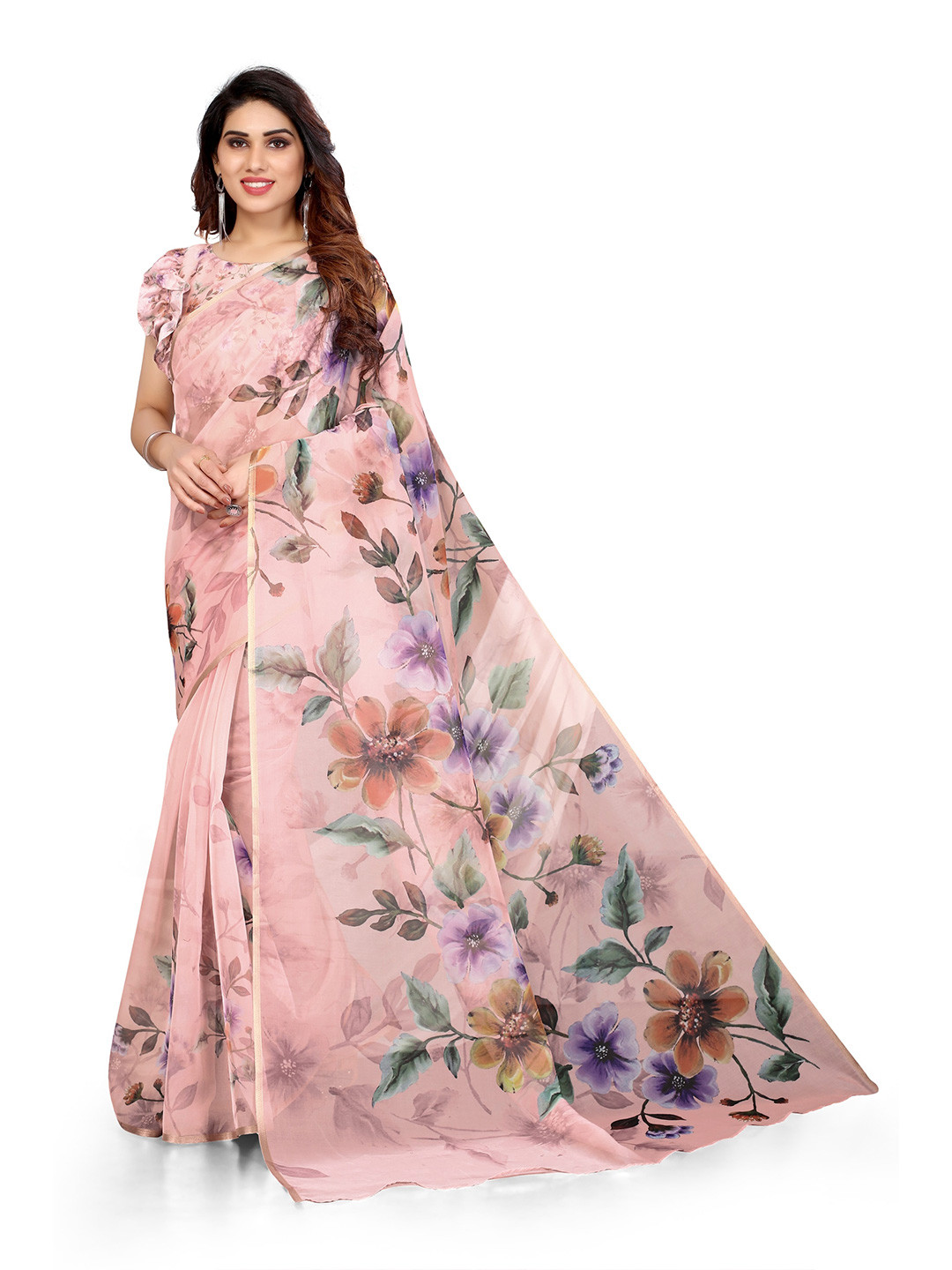 MIRCHI FASHION Peach-Coloured & Green Floral Zari Organza Bagh Saree