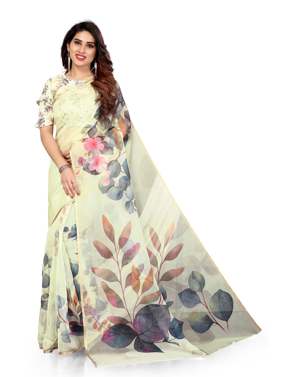 MIRCHI FASHION Yellow & Blue Floral Zari Organza Bagh Saree