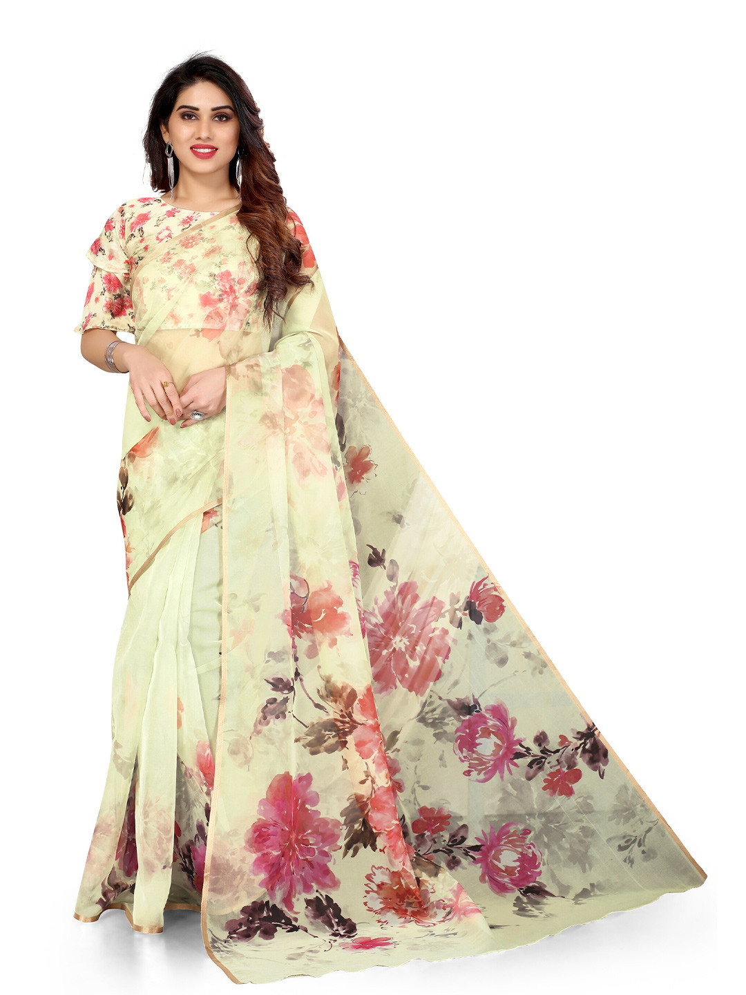 MIRCHI FASHION Yellow & Pink Floral Zari Organza Bagh Saree
