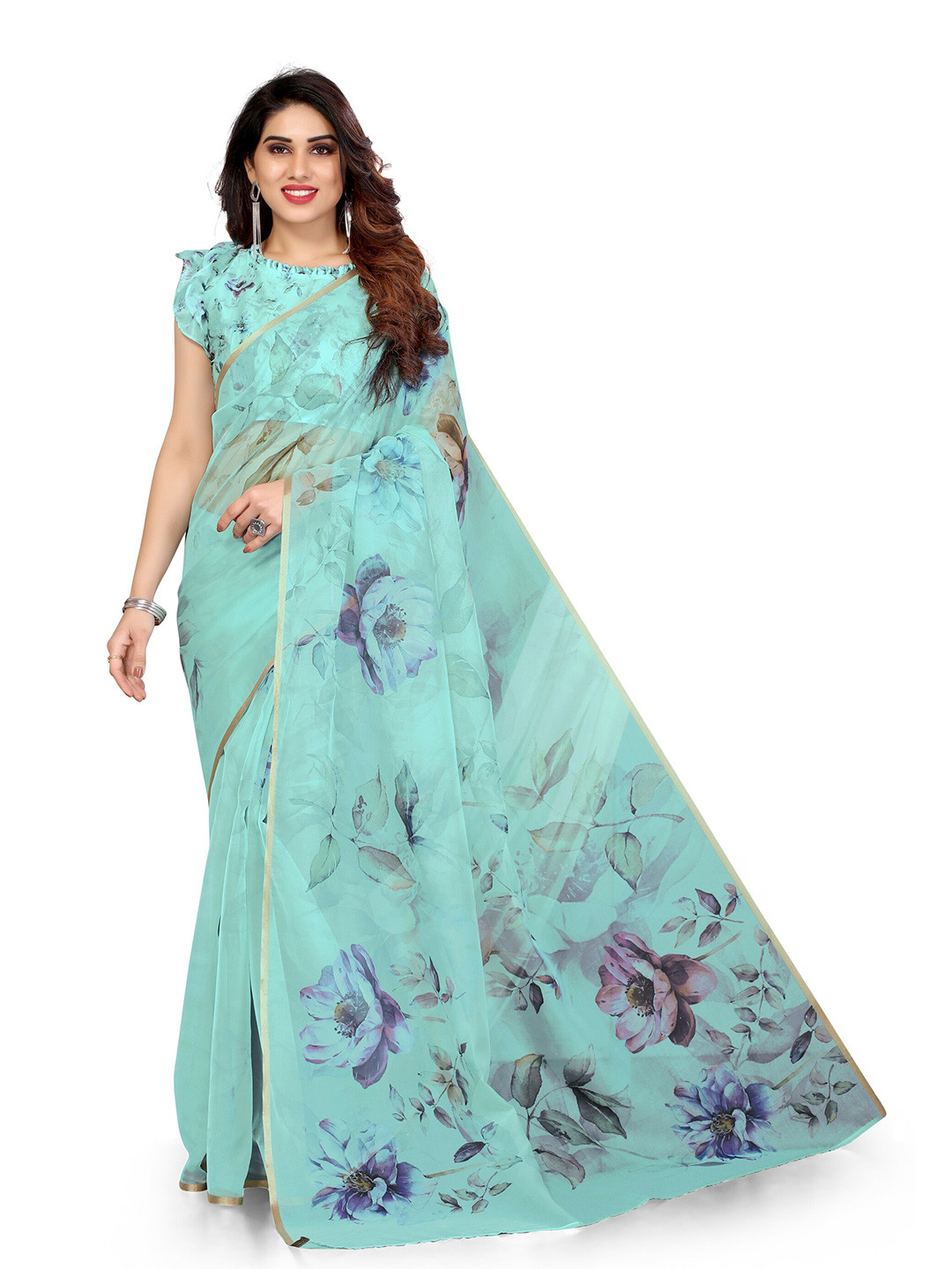 KALINI Blue & Violet Floral Printed Zari Organza Bagh Saree
