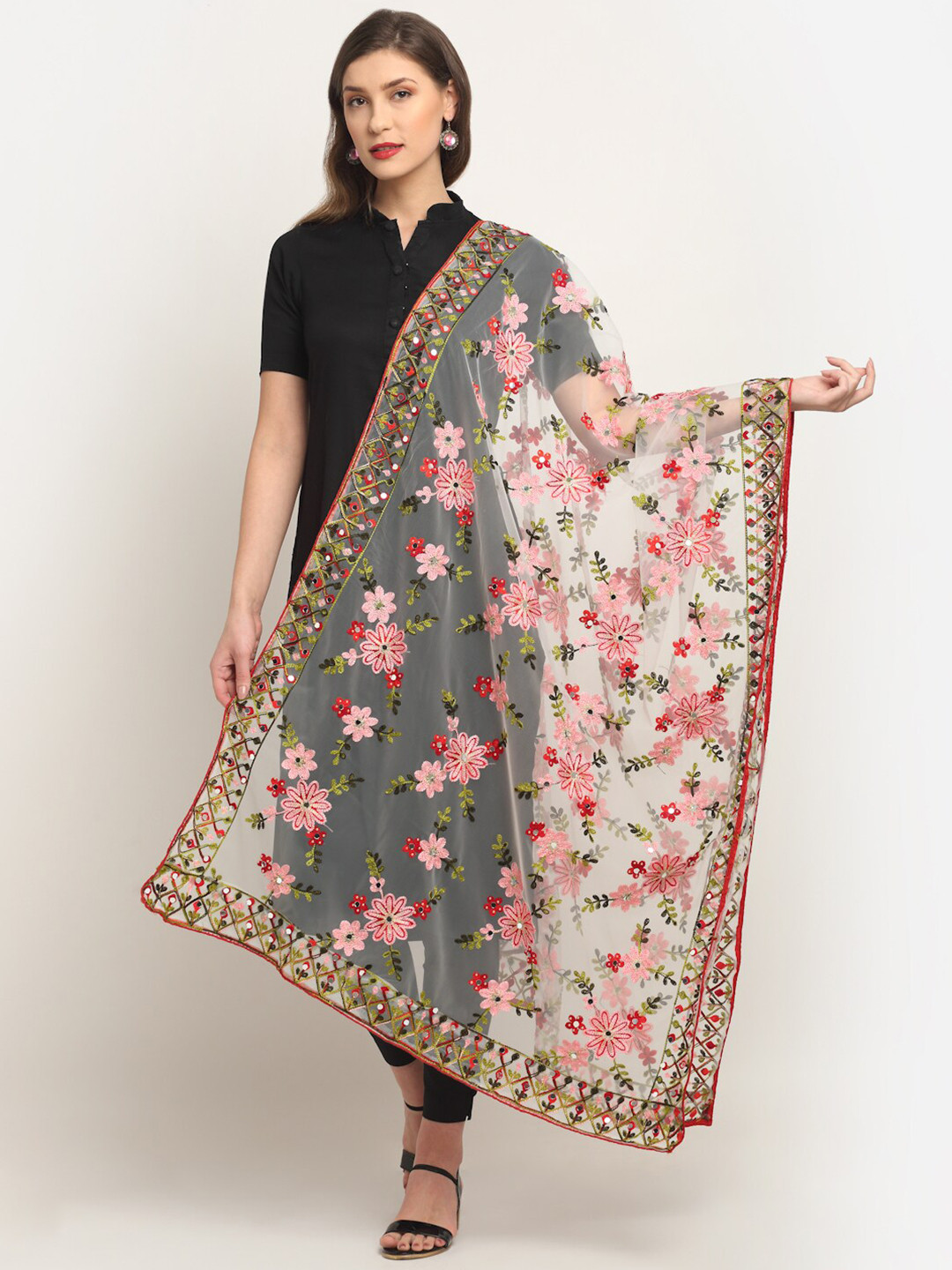 Sugathari White & Pink Embroidered Dupatta with Mirror Work