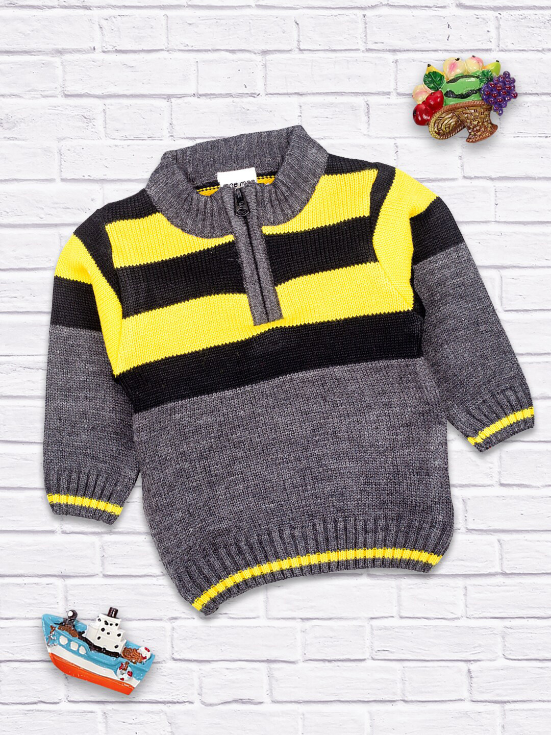 MeeMee Boys Grey & Yellow Colourblocked Full sleeve Pullover Sweater