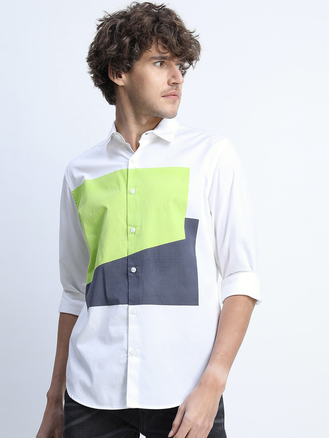 HIGHLANDER Men White Slim Fit Colourblocked Cotton Casual Shirt