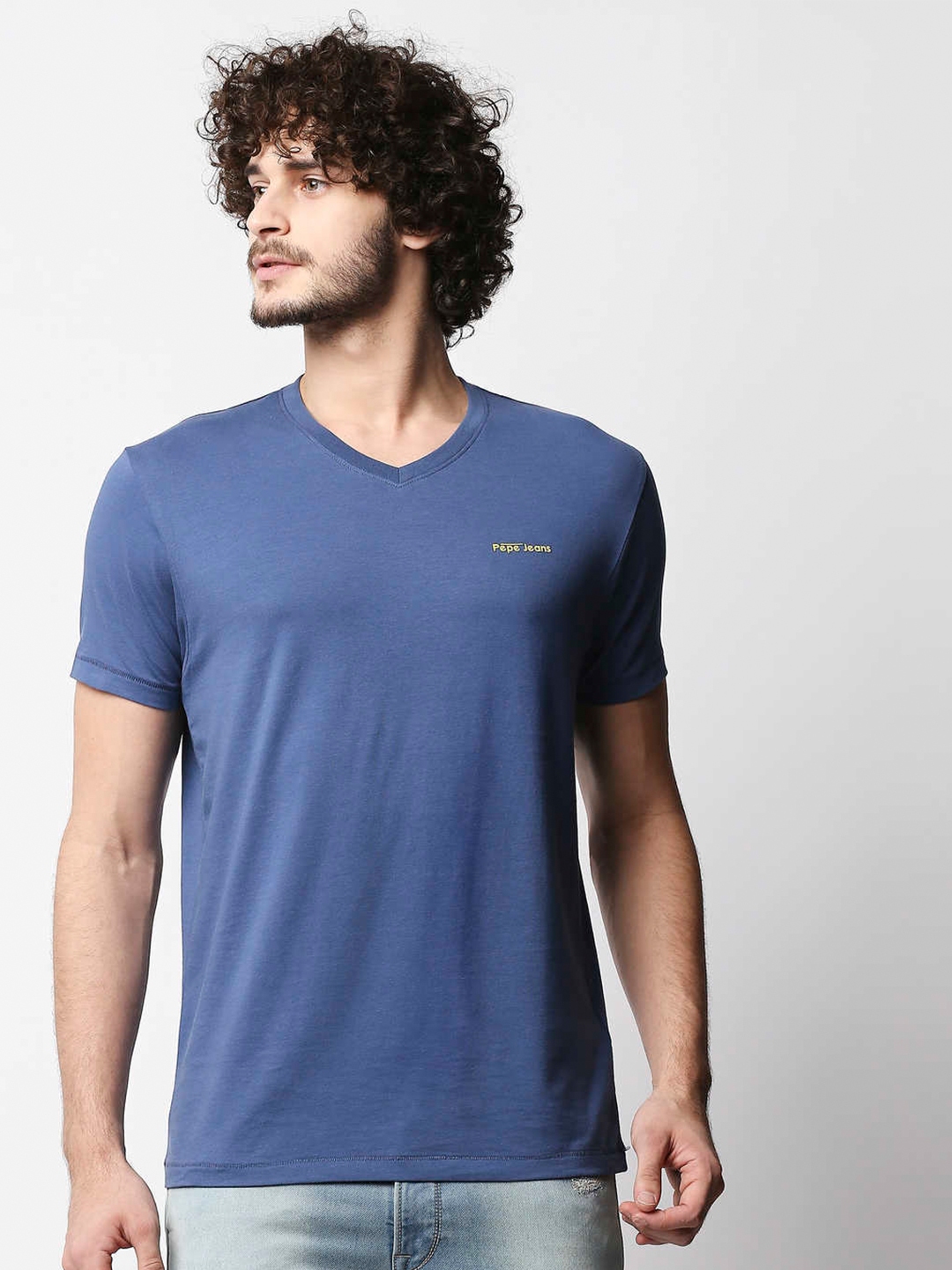 Pepe Jeans Men Blue V-Neck Applique Slim Fit T-shirt