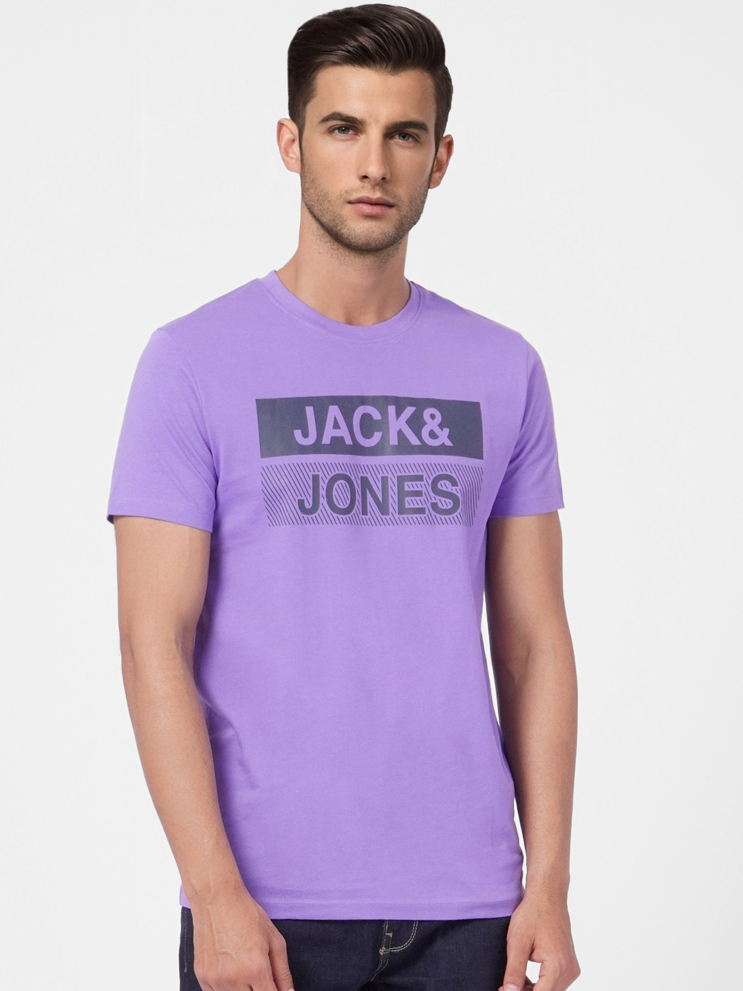 Jack & Jones Men Purple & Black Printed Slim Fit Pure Cotton T-shirt