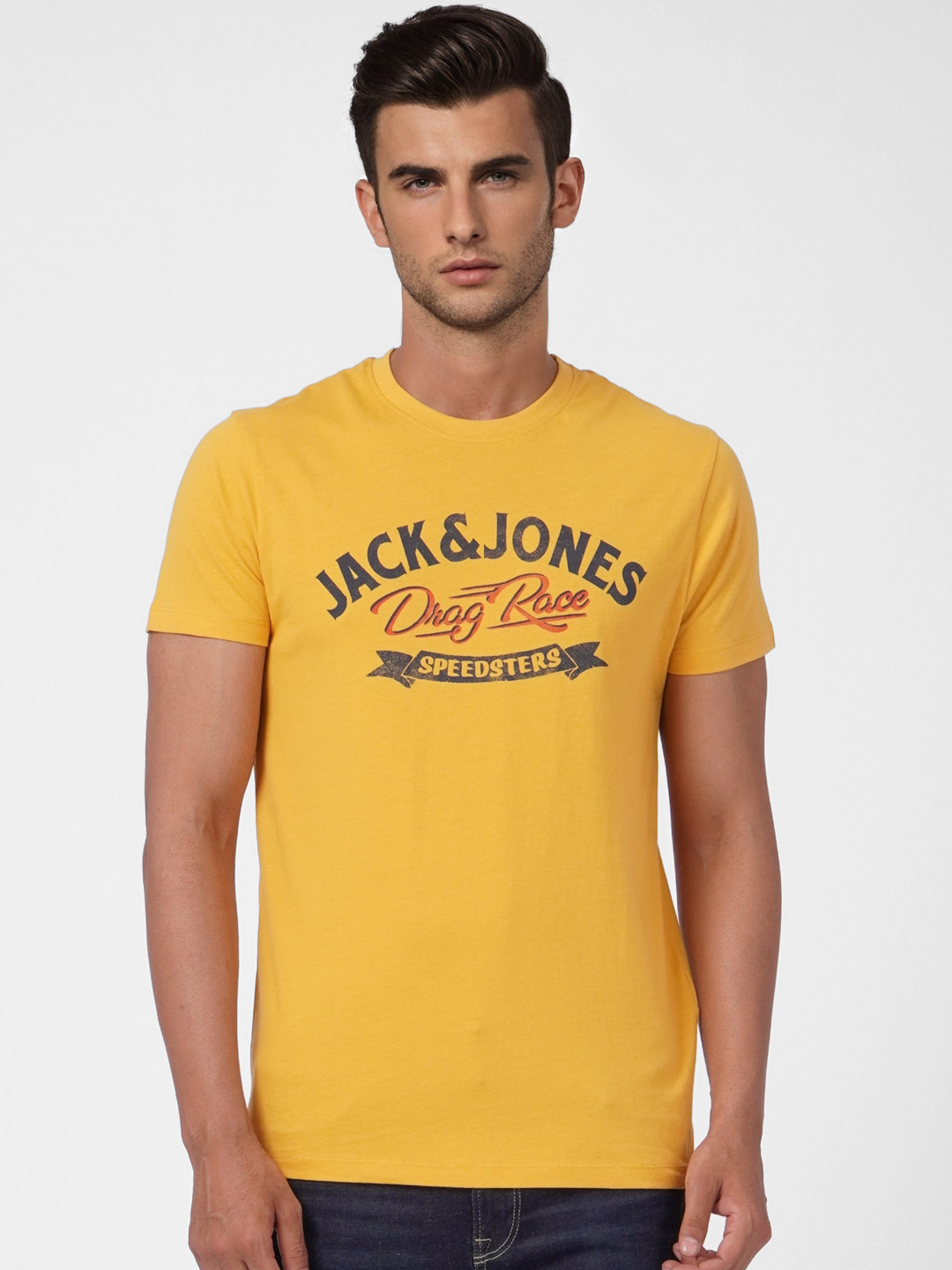 Jack & Jones Men Mustard Yellow Typography Printed Pure Cotton Slim Fit T-shirt