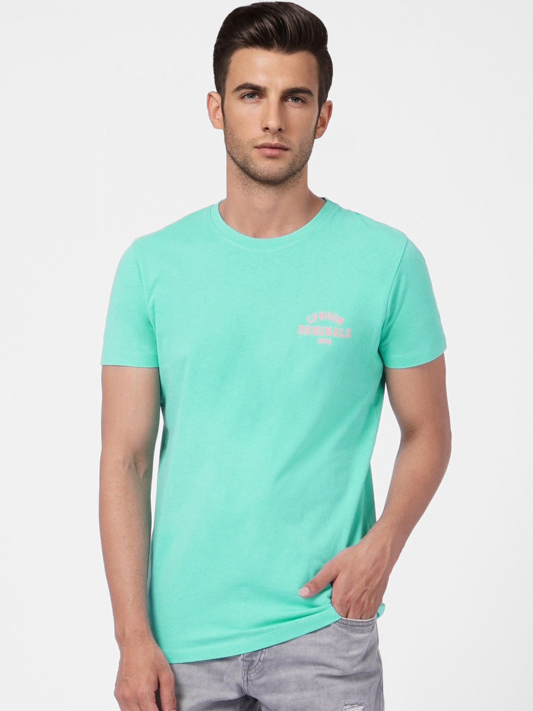 Jack & Jones Men Green & Peach Printed Pure Cotton Slim Fit T-shirt