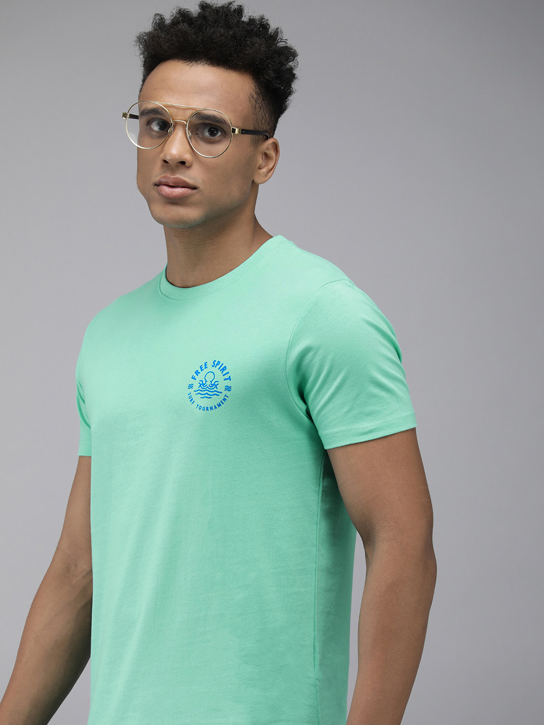 Jack & Jones Men Sea Green Placement Printed Slim Fit Pure Cotton Casual T-shirt