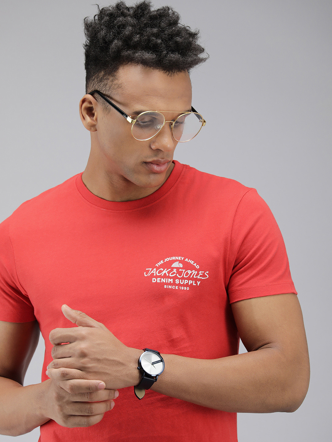 Jack & Jones Men Rust & White Brand Logo Printed Slim Fit Pure Cotton Casual T-shirt