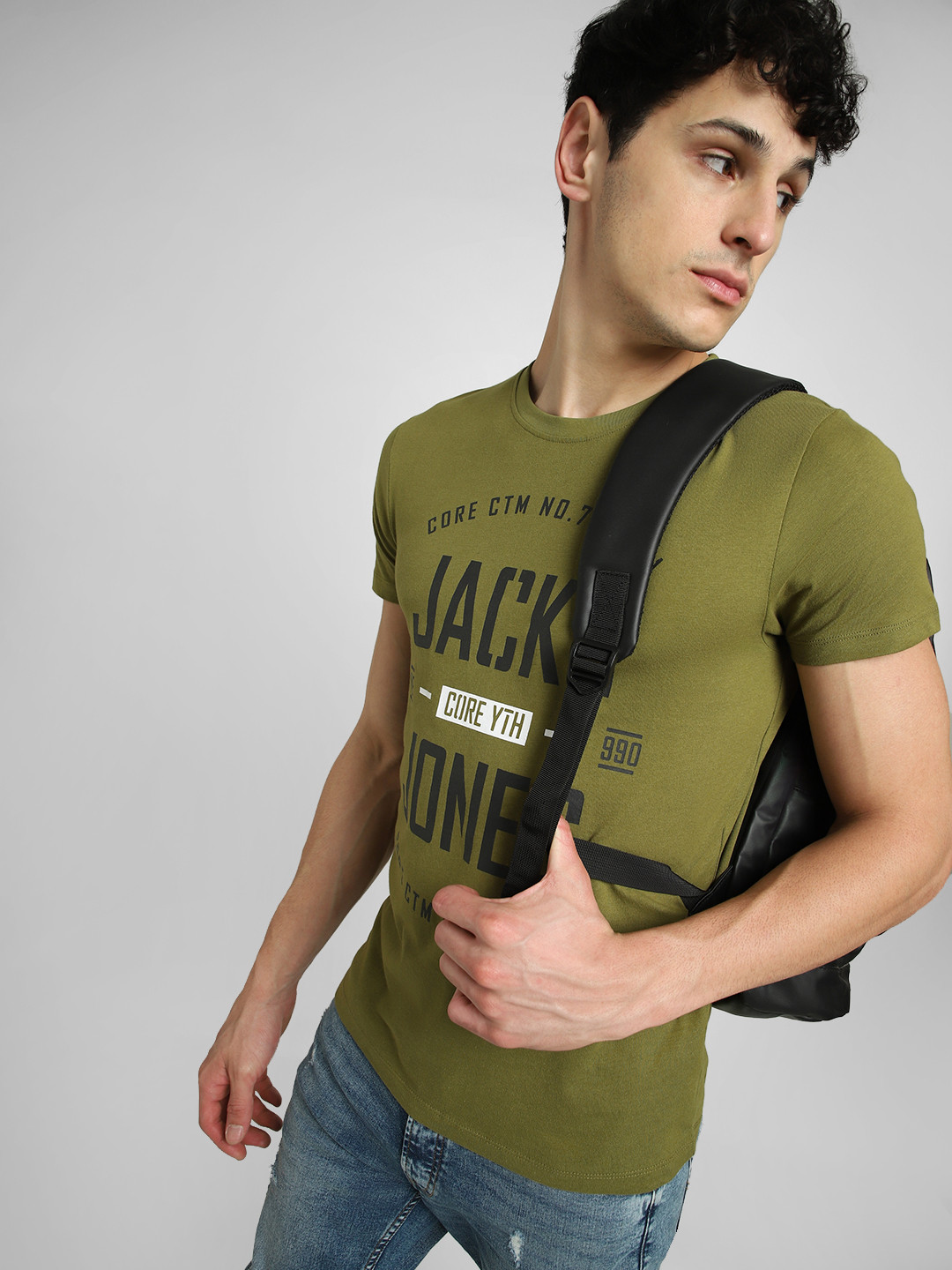Jack & Jones Men Olive Green Graphic Printed Pure Cotton Slim Fit T-shirt