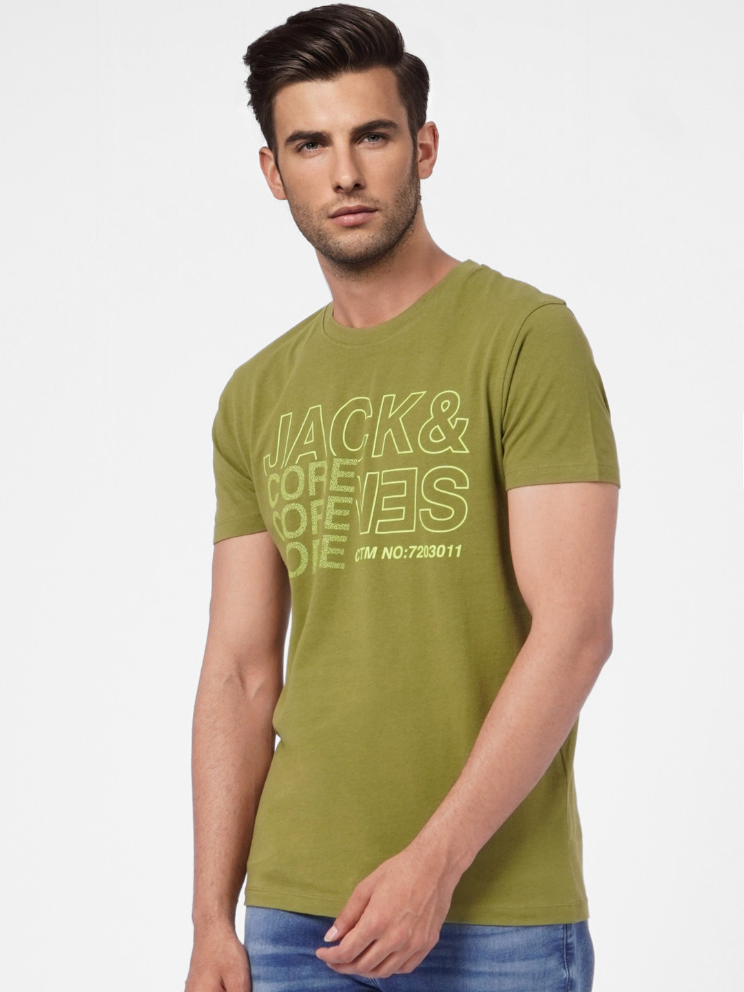 Jack & Jones Men Olive Green Printed Pure Cotton Slim Fit T-shirt
