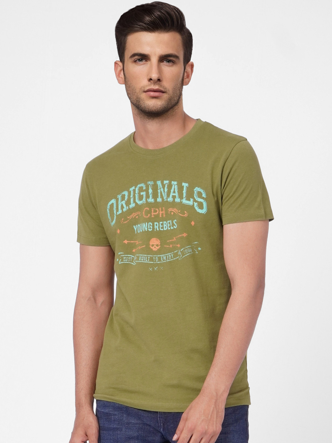 Jack & Jones Men Olive Green Graphic Printed Pure Cotton Slim Fit T-shirt
