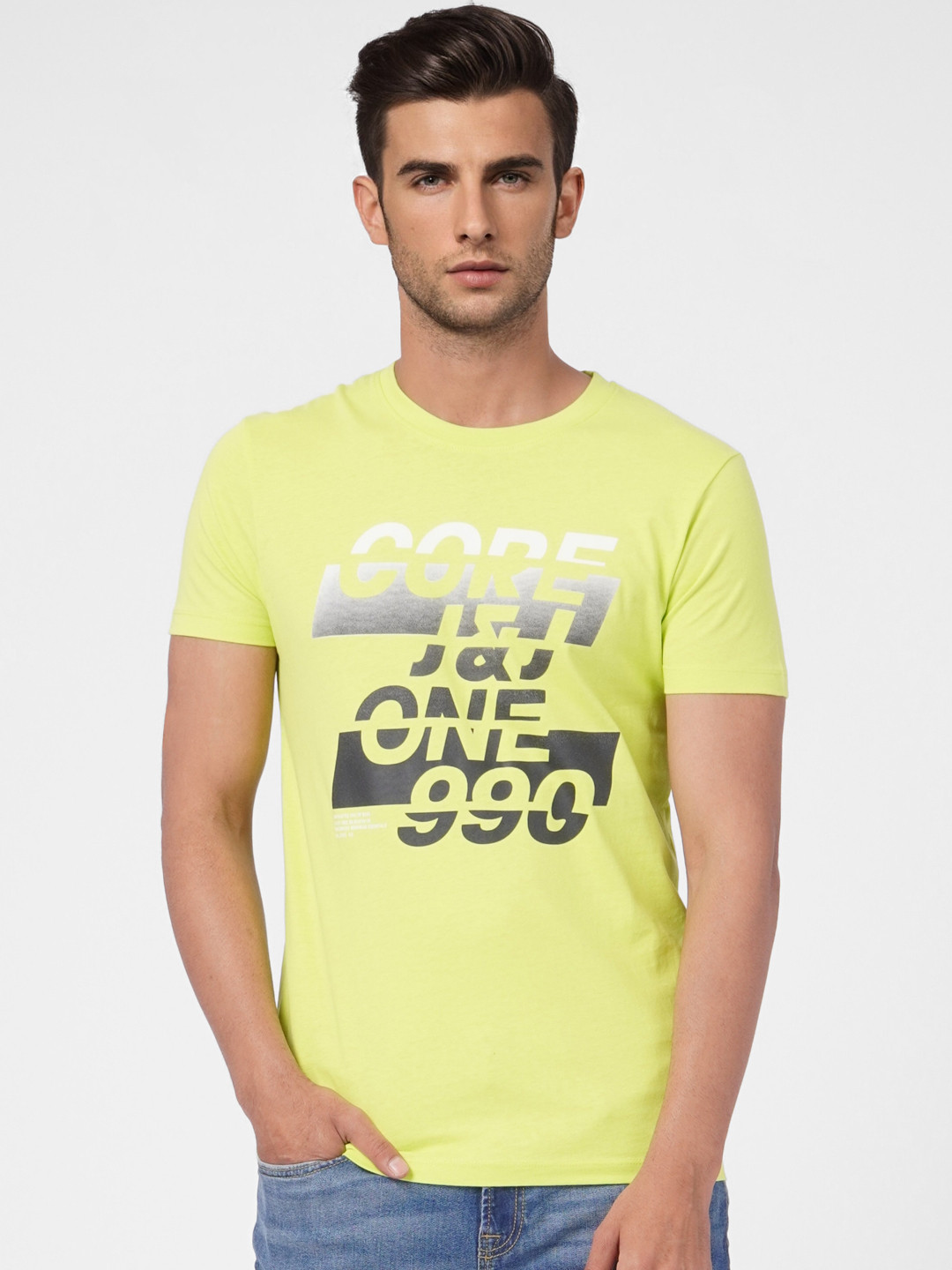 Jack & Jones Men Lime Green & Multicoloured Printed Slim Fit Casual T-shirt