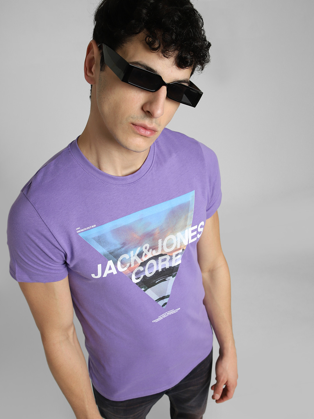 Jack & Jones Men Purple Brand Logo Printed Pure Cotton T-shirt