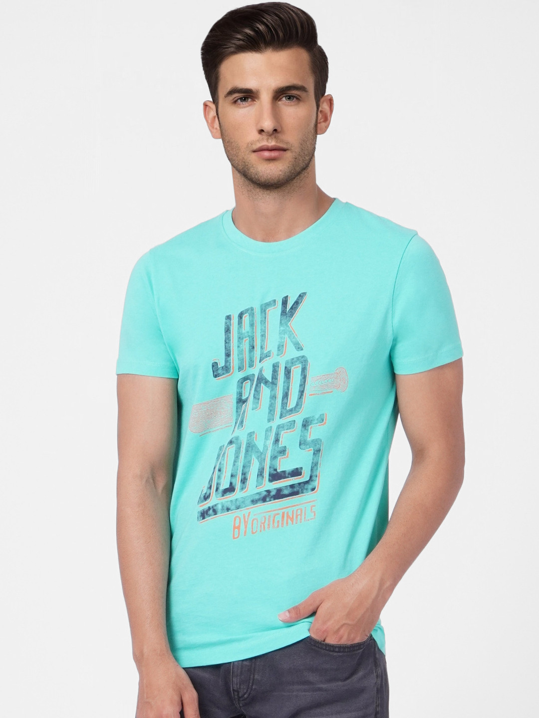 Jack & Jones Men Sea Green Typography Printed Pure Cotton Slim Fit T-shirt