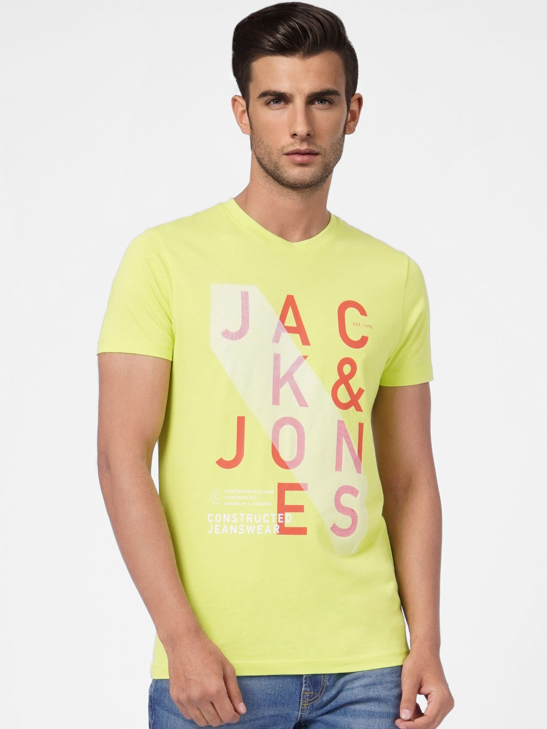 Jack & Jones Men Lime Green & Red Printed Pure Cotton Slim Fit T-shirt