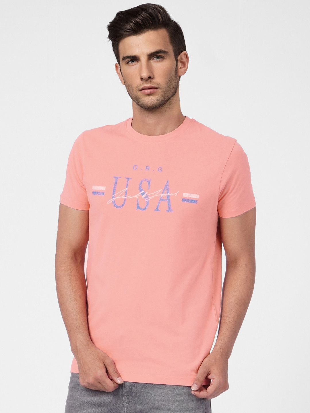 Jack & Jones Men Pink & Blue Typography Printed Pure Cotton Slim Fit T-shirt