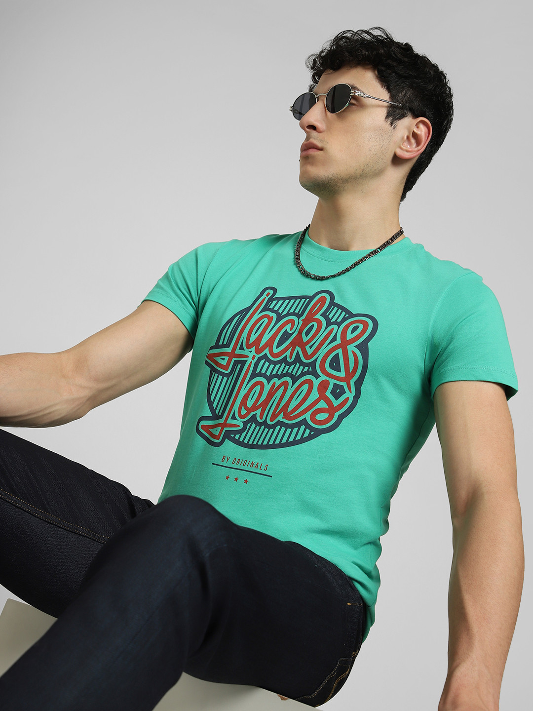 Jack & Jones Men Sea Green Printed Slim Fit Pure Cotton Casual T-shirt