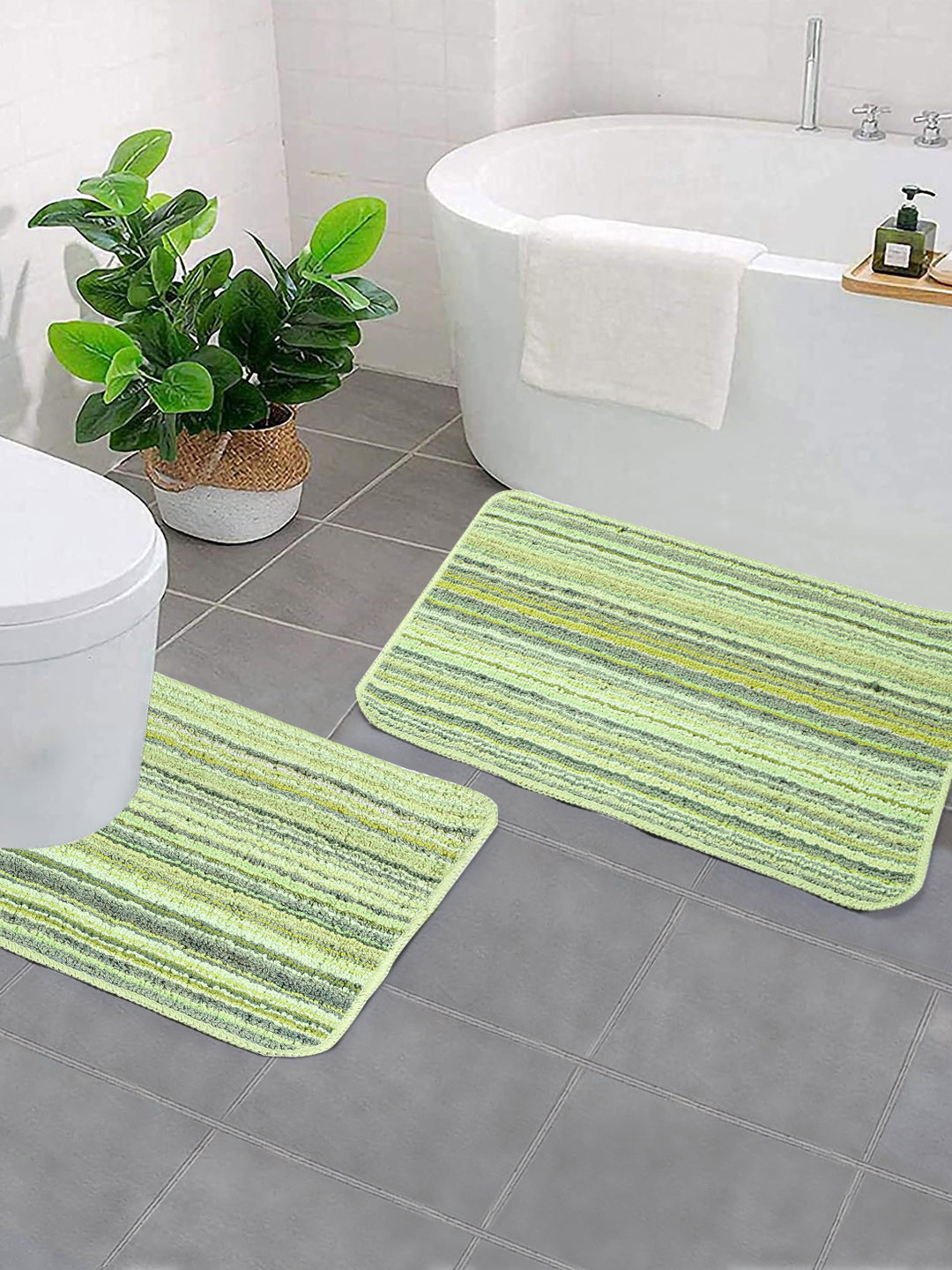 Saral Home Green Striped Rectangular Bath Rug & Contour