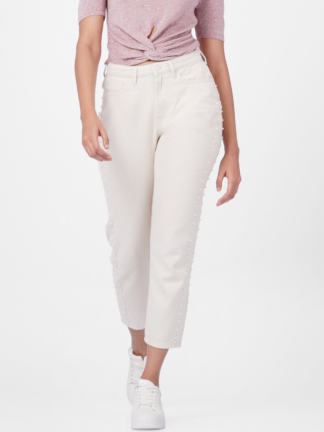 ONLY Women White Relaxed Fit Pearl Embellished Jeans